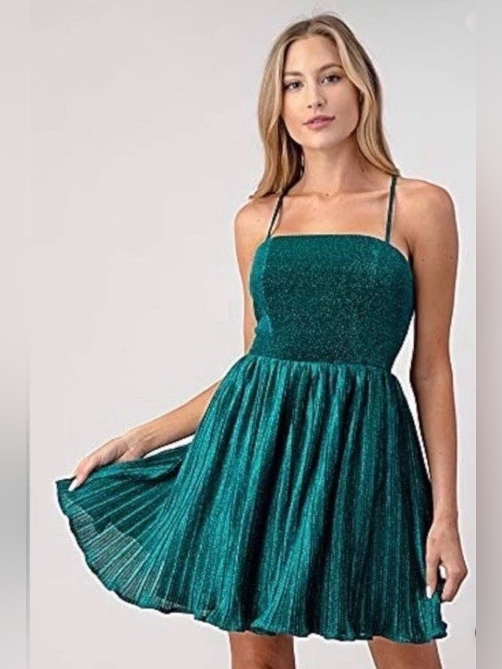 Lulus Party Era Emerald Sparkly Lace-Up Pleated Skater Dress Size XL Cocktail